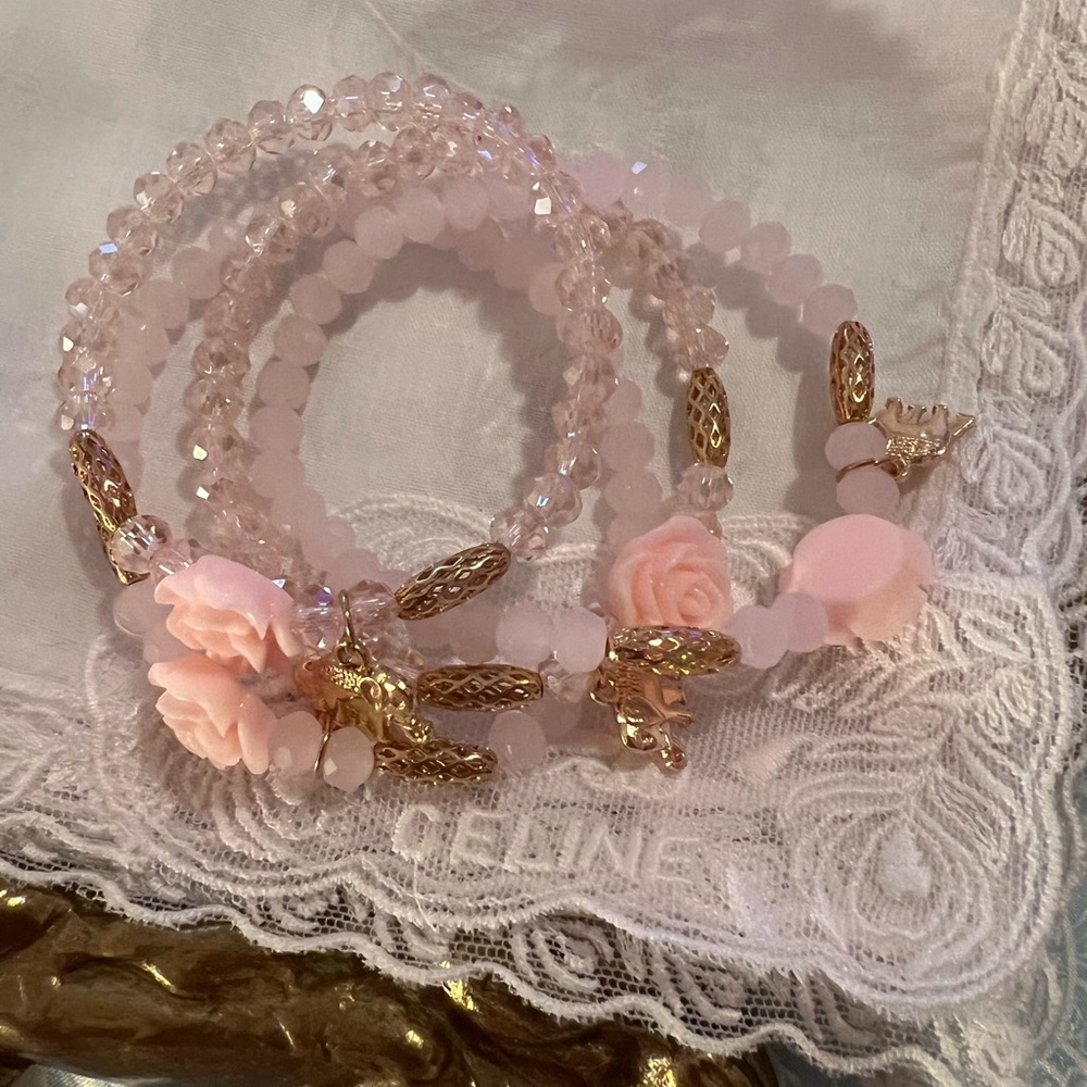 Pink and Gold Beaded Bracelet Set with Rose and Elephant Charms